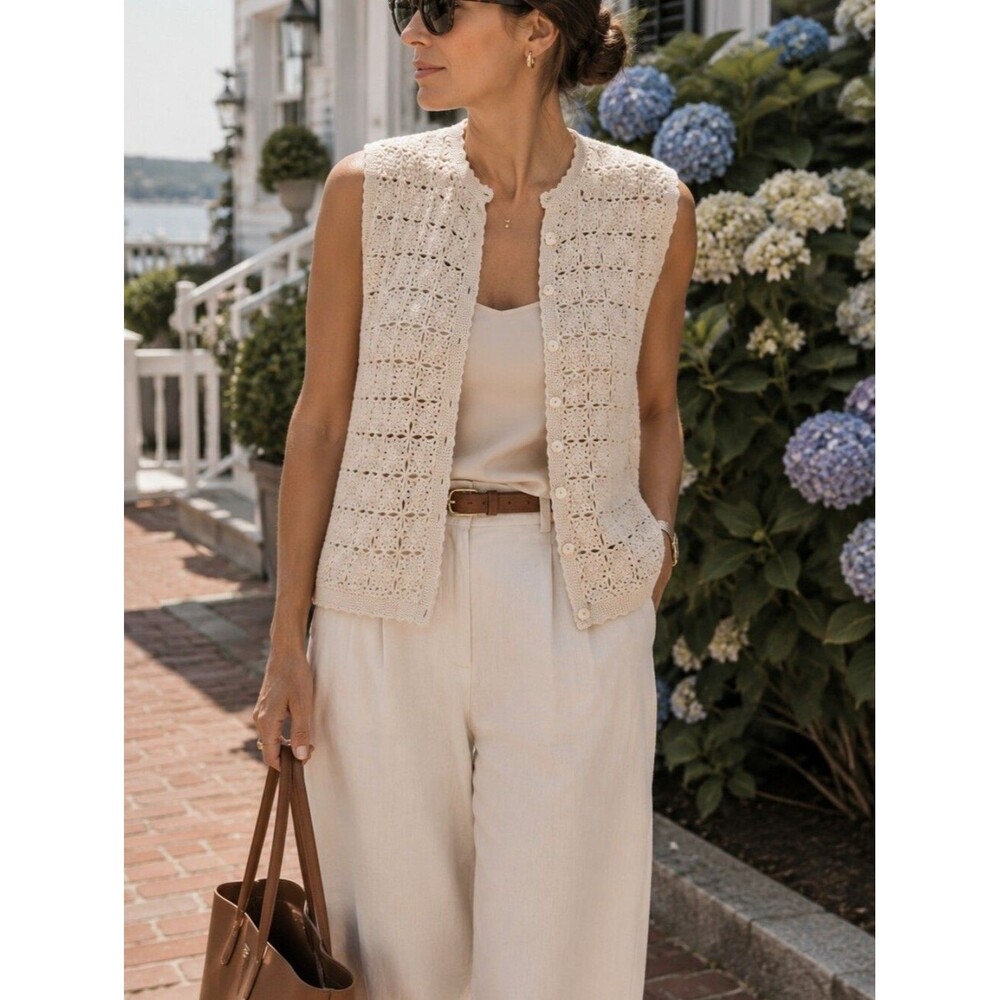 Sleeveless Cardigan Button Front Silk Cotton Beige SP Cottagecore Coquette Fairy